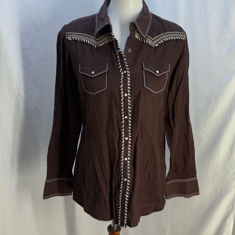 Ariat women pearl snap button shirt brown whipstitch fitted LG cowgirl roper